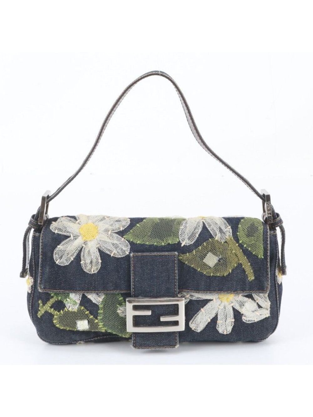 Fendi Flower Denim Mamma Bucket Baguette FF Leather Shoulder Bag